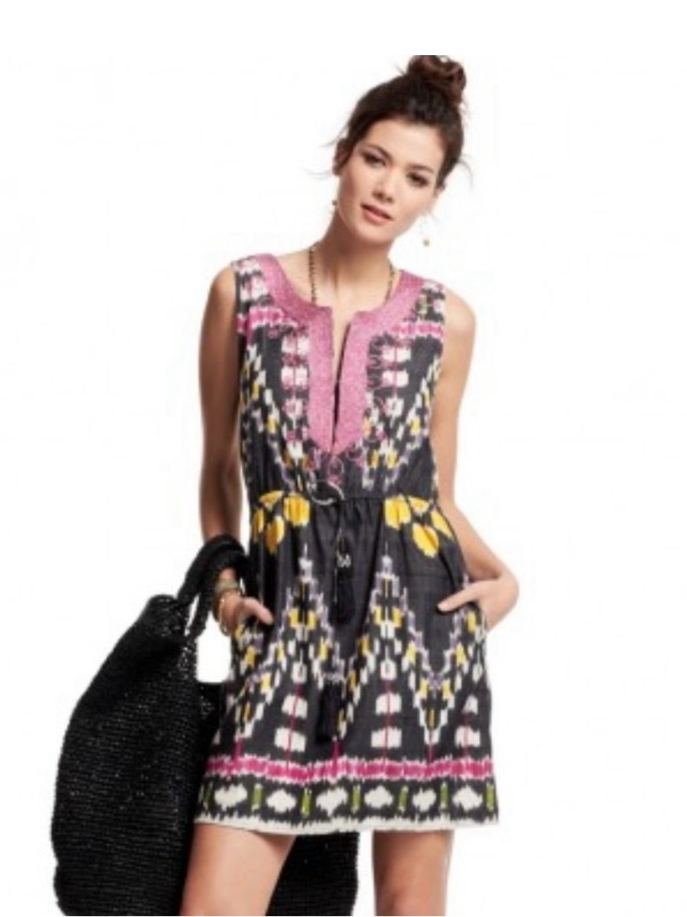 Calypso St. Barth Black and Pink Embroidered Tassel Mini Dress XS